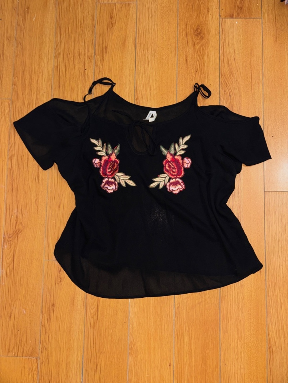 Black Cold-Shoulder Floral Embroidered Women's Top